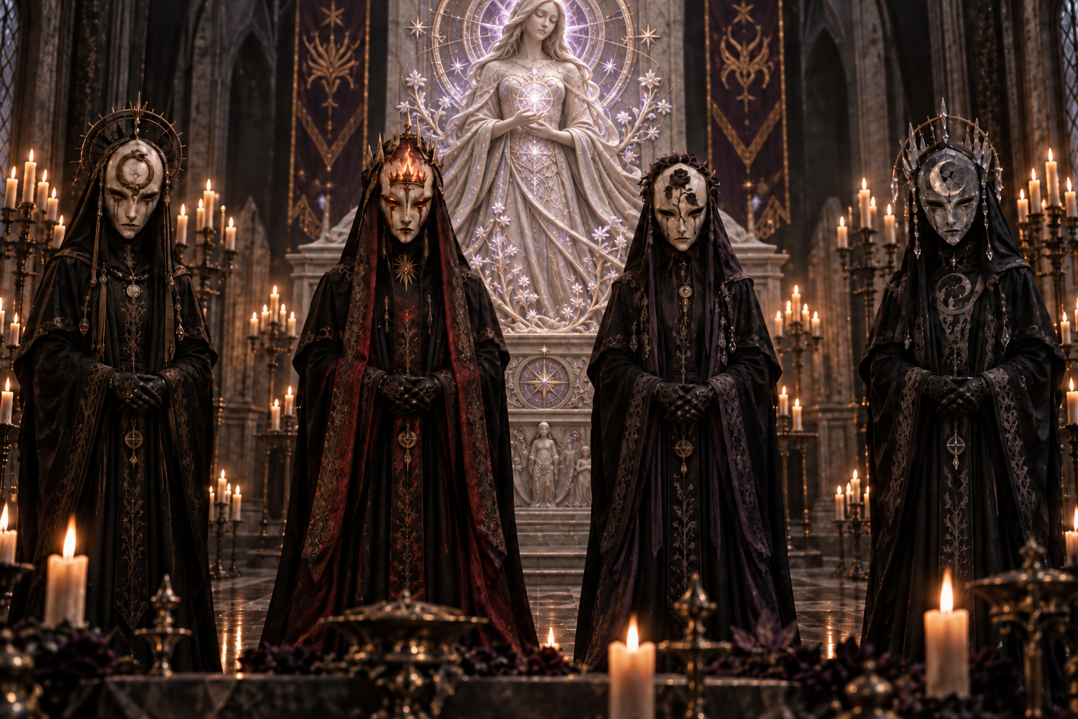 Four masked Clergy figures in dark embroidered robes standing before a candlelit altar and a glowing statue