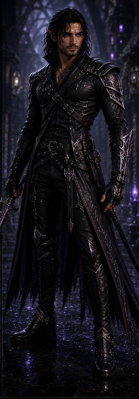 Diar Al-Najm, a fae warrior in black armour with violet eyes and dual blades
