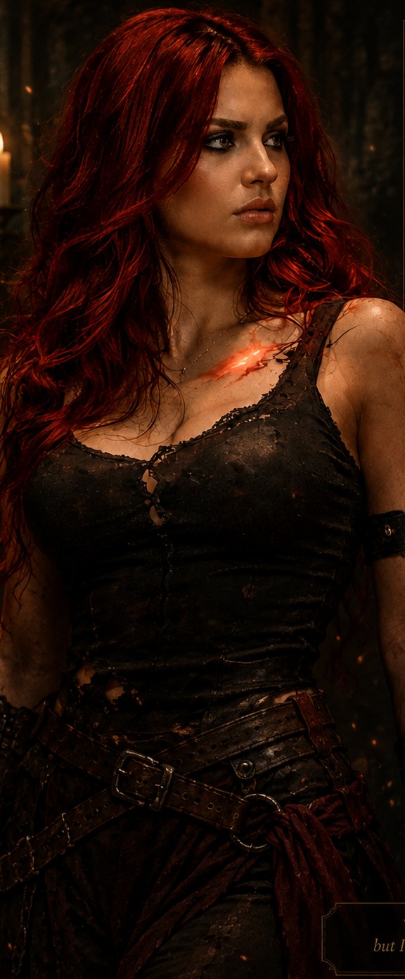 Emeriun, a woman with long red hair and a glowing ember brand on her chest, in dark leathers