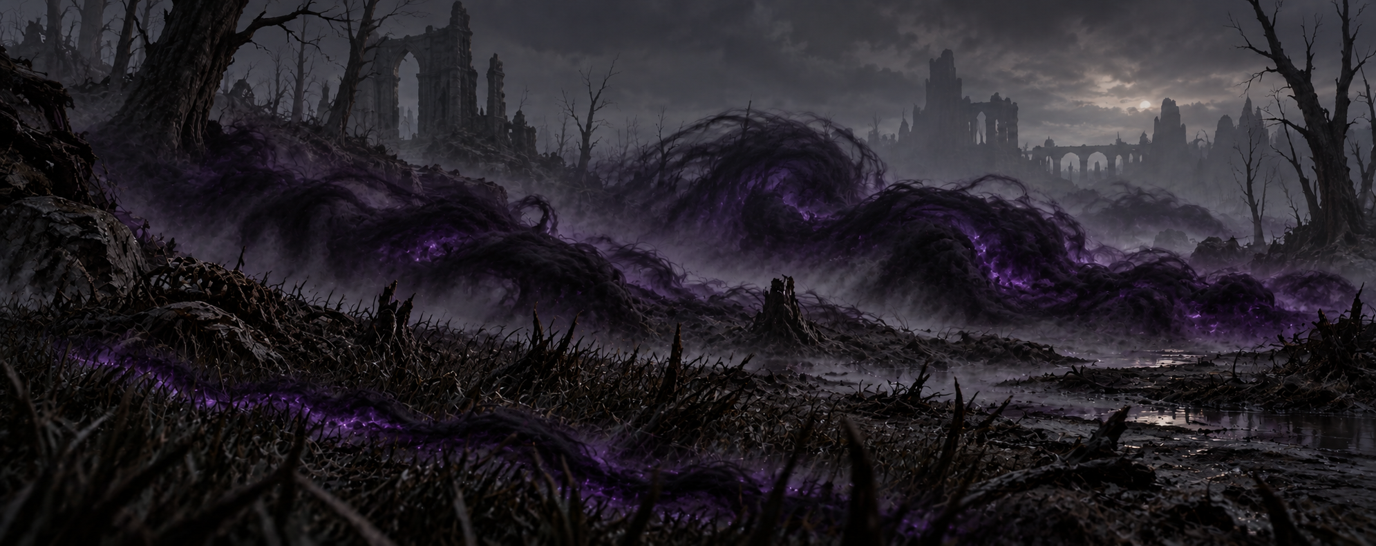 The Blight spreading as a mass of black and violet corruption through a dead landscape of ruined trees and crumbling stone arches