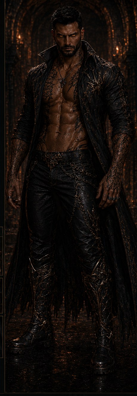 Dravakos, a towering fae king in black and ember-lit armour