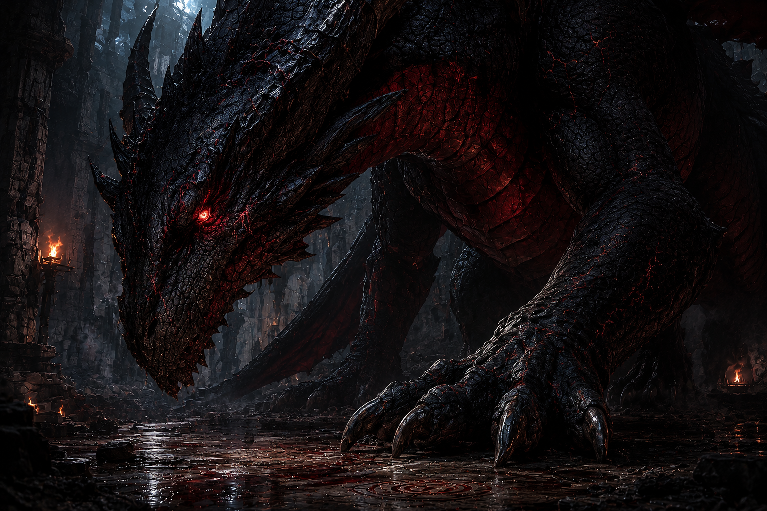 Dreagen, a colossal black dragon with molten red light glowing through the cracks of his scales, in a ruined dark hall