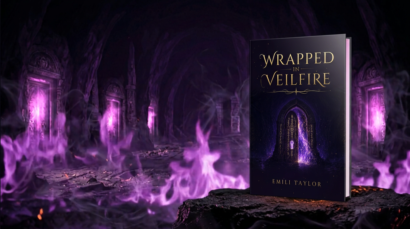 Paperback of Wrapped in Veilfire standing on a stone pedestal in a veilfire cavern of glowing purple doors