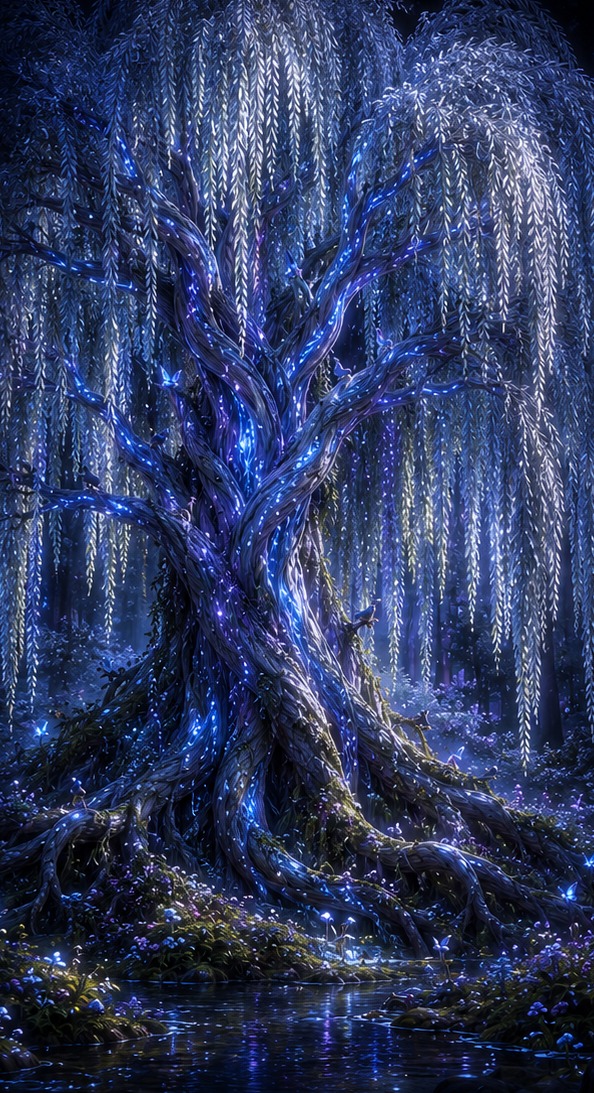 Elaris, the star-weeping willow, her branches glowing with starlight over a still stream