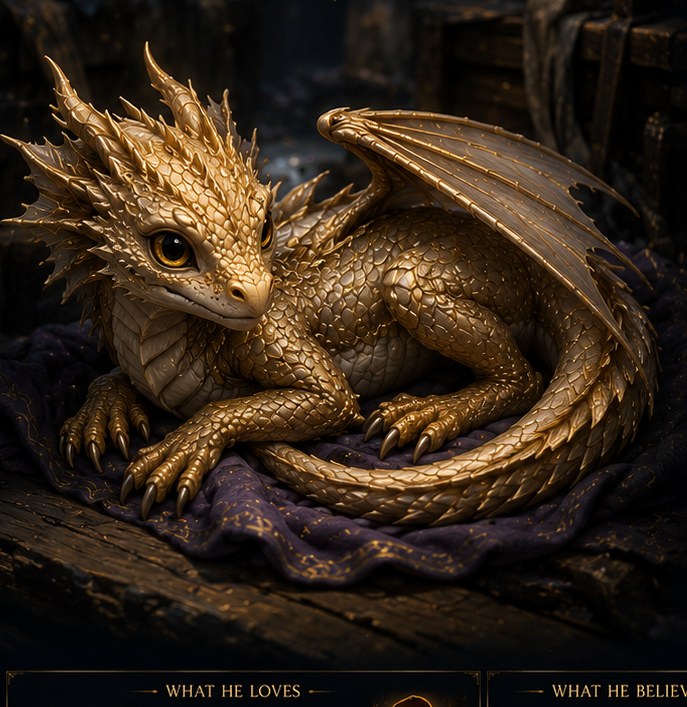 Kaelen, a small golden dragon hatchling curled on a dark cloth