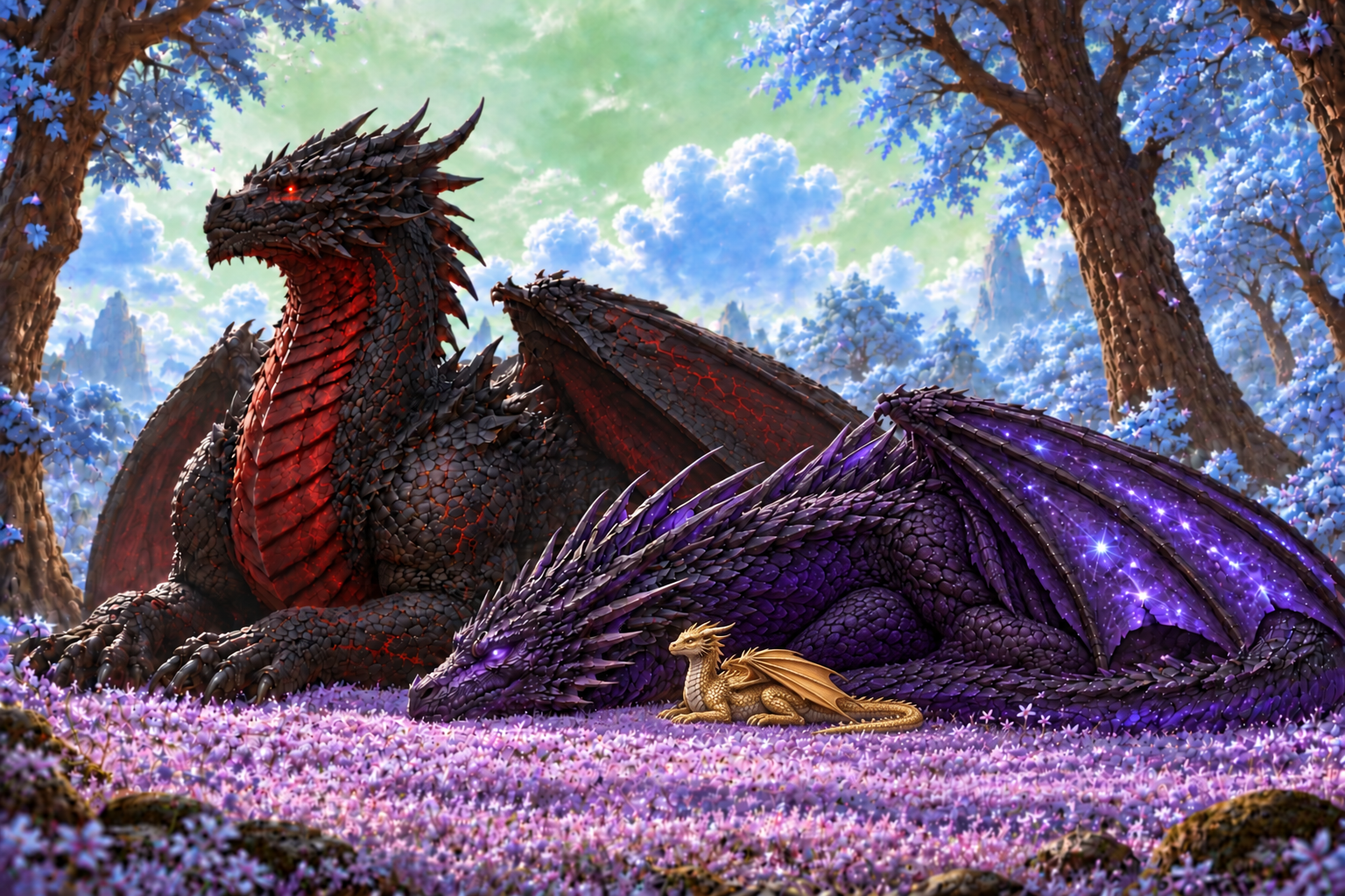 Three dragons resting together in a field of purple flowers beneath blue-leafed trees — a great black dragon with a molten red underbelly, a purple dragon with starlit wings, and a tiny golden hatchling between them