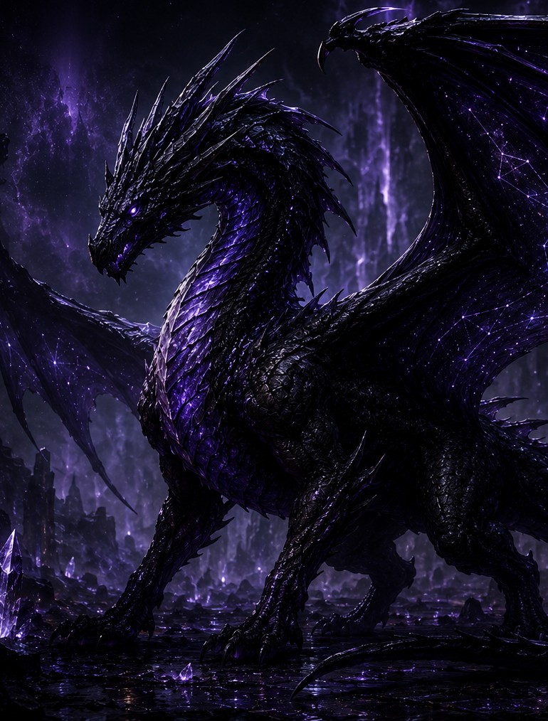 Chise, a vast black dragon with violet wings scattered with constellations