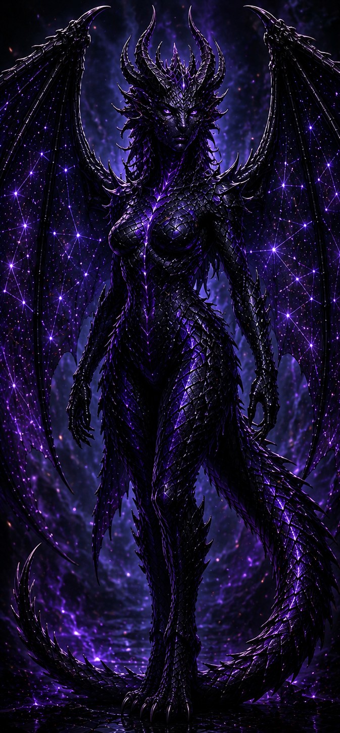 A towering black-and-violet dragon with wings of starlight and shadow