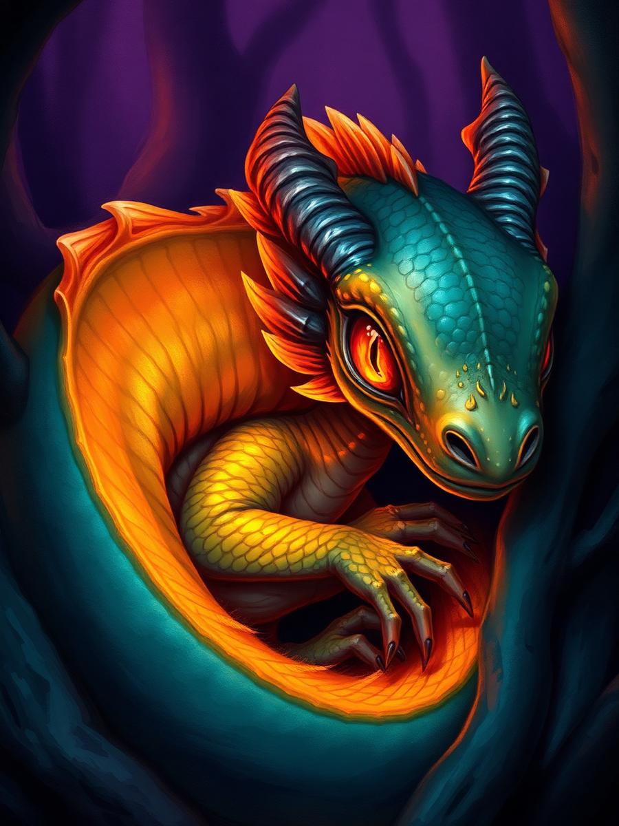A young dragon curled among dark roots, scales glowing with warm ember light